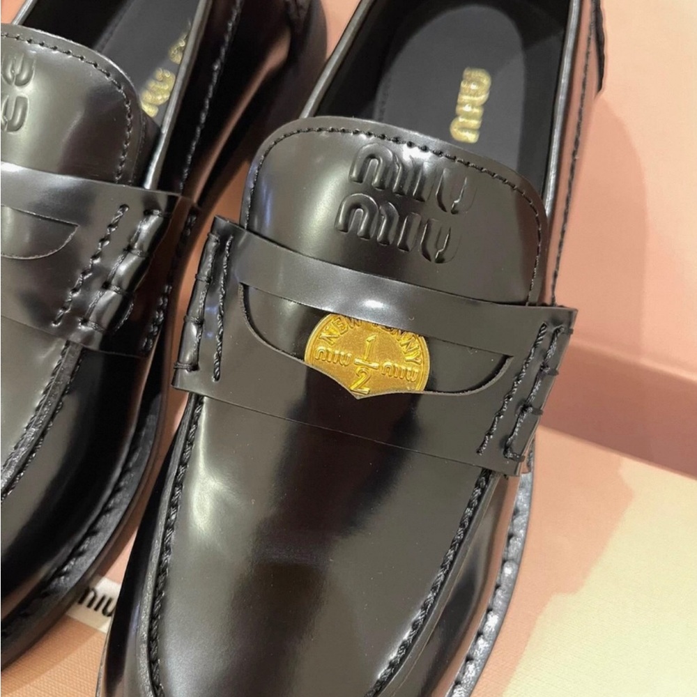 Miu Miu Black Loafers with Gold Accent - Picture 4 of 9